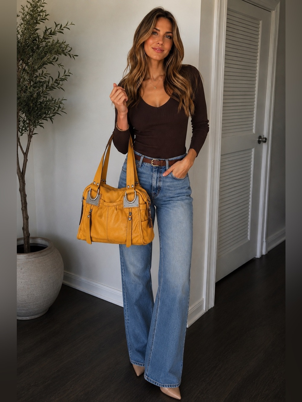 B. Makowsky Mustard Yellow Leather Satchel Shoulder Bag